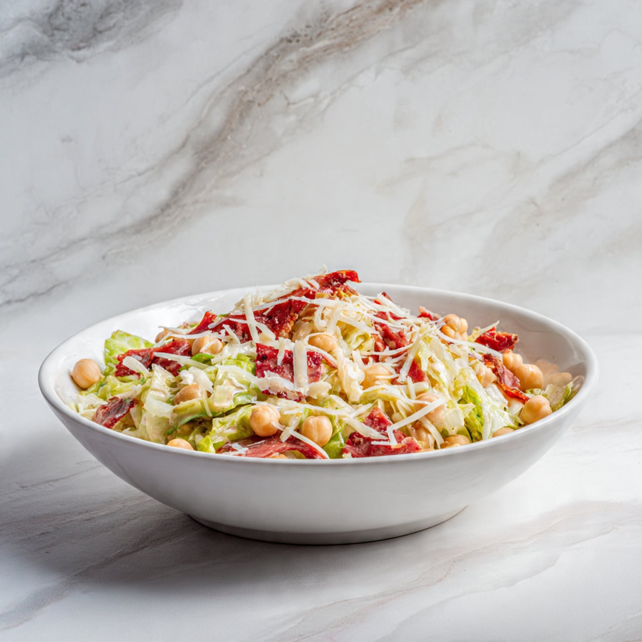 The image shows a close-up of a fresh salad in a white bowl placed on a white marbled surface. The salad has multiple layers, starting with a base layer of chopped green lettuce mixed with pale green cabbage. Scattered among the greens are light beige chickpeas, thin strips of white cheese, and thin reddish-brown strips that look like dried meat. The texture is a mix of crunchy greens and soft beans with a creamy dressing lightly coating all ingredients. A black spoon lifts a portion of the salad from the bowl, and a woman's hand is holding the bowl slightly from the side. The lighting is natural, highlighting the fresh, crisp qualities of the salad. photo taken with an iphone --ar 4:5 --v 7