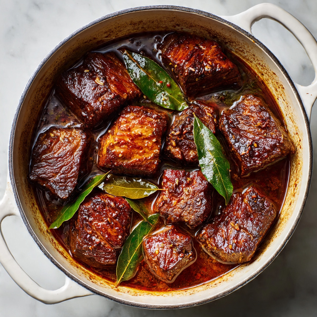 A white pot filled with chunks of brown cooked meat in a thin brown sauce, with two whole bay leaves floating on top. The meat pieces have a slightly rough texture and are spread evenly in the pot, which has slightly browned sides. The pot has two handles visible and is placed on a white marbled surface. photo taken with an iphone --ar 4:5 --v 7
