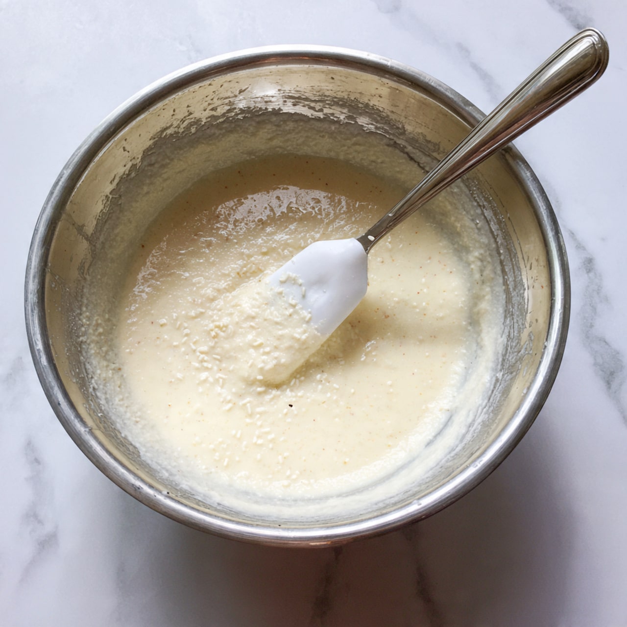 A close-up of a shiny silver metal bowl filled with light beige batter that has small colorful sprinkles mixed in, giving tiny orange, blue, and pink dots throughout the smooth, creamy texture. A white spatula with similar colored sprinkles is partially dipped in the batter, resting diagonally inside the bowl. The bowl sits on a white marbled surface. photo taken with an iphone --ar 4:5 --v 7