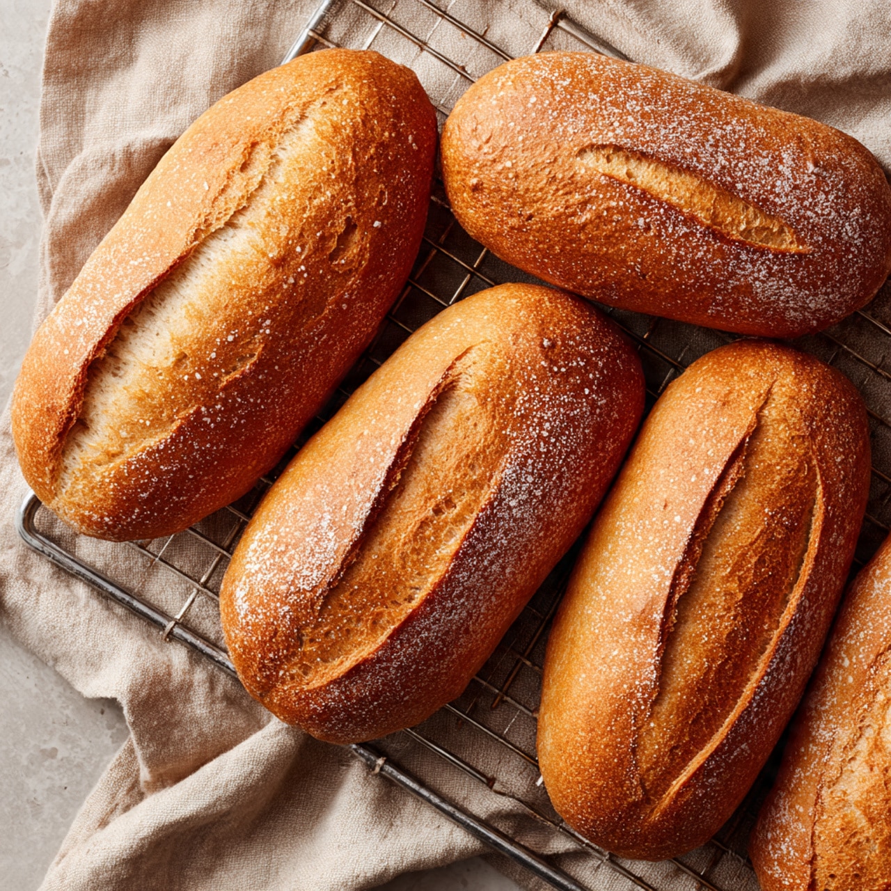Five small loaves of bread with golden brown crusts and light, airy centers sit on a silver cooling rack placed on a beige cloth, all set against a white marbled surface. Each loaf has a single long slit on top showing the soft inner texture, with some parts dusted lightly with flour. The breads have a smooth, slightly shiny crust, and their shape is oval and rustic. Photo taken with an iphone --ar 4:5 --v 7