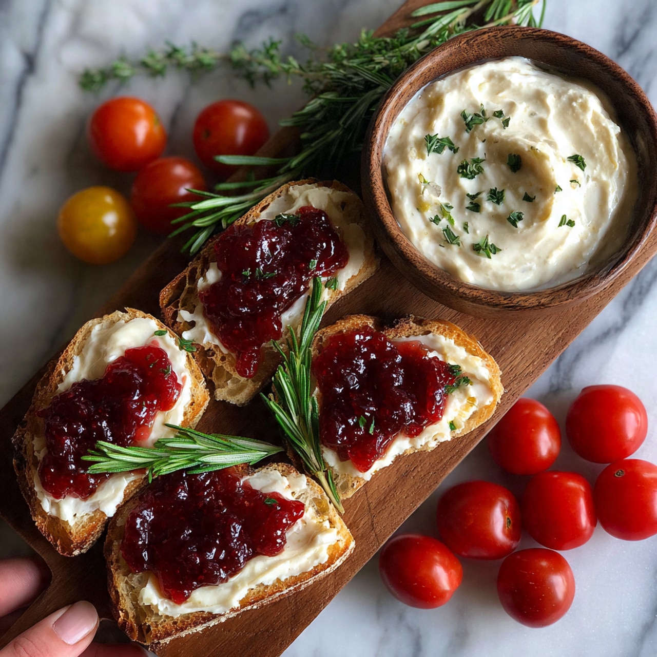 Small toasted baguette slices form the base layer, each topped with a layer of bright red jelly spread evenly. On top of the jelly, there are thick pieces of soft white cheese, roughly cut, creating a creamy texture contrast. The cheese layers are sprinkled with small green herb pieces, likely rosemary, adding a touch of texture and color. Surrounding the toast slices are smooth, shiny red grape tomatoes as a fresh accompaniment. In the background to the side, there is a clear glass bowl filled with a white creamy dip that has small green herb bits mixed in. Underneath everything, the scene shows a few pale round crackers, adding another texture to the setup. The whole arrangement is on a white marbled surface. photo taken with an iphone --ar 4:5 --v 7