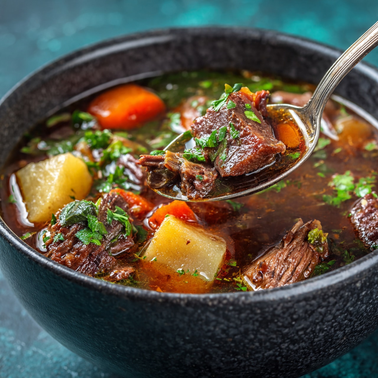 A white bowl filled with a stew consisting of three main layers: large chunks of dark brown meat, big cuts of orange carrots, and pale yellow potatoes, all surrounded by a thick, rich red-brown sauce. A spoon is lifting a portion of the stew, showing a mix of meat, carrot, and potato pieces. The bowl rests on a dark turquoise surface with a soft white and beige checkered cloth draped behind it, and a black pot with more stew is partially visible in the background. The photo taken with an iphone --ar 4:5 --v 7
