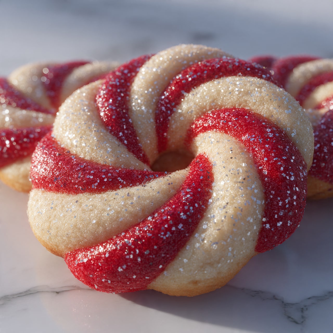 The image shows a close-up of a round cookie shaped like a ring with alternating thick red and light beige twisted stripes. The cookie has a grainy sugar coating that sparkles under the light. The twisted stripes form a spiral pattern that goes around the ring, with the red stripes looking slightly rough and the beige stripes smooth but cracked. The cookie is placed on a white marbled surface with a soft focus on another cookie in the background. The texture detail is very clear, showing the sugar crystals and fine cracks on the surface. Photo taken with an iphone --ar 4:5 --v 7