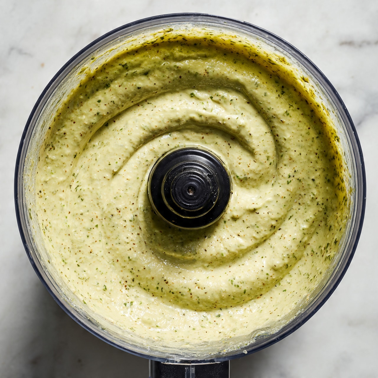 The image shows a close-up view inside a clear blender container filled with a thick, creamy green sauce. The sauce has a smooth texture with small green herb pieces evenly mixed throughout, giving a speckled effect. The color is light green with darker green flecks from the herbs. The blender’s black central blade hub is partially visible on the left side. The background is a white marbled surface. photo taken with an iphone --ar 4:5 --v 7