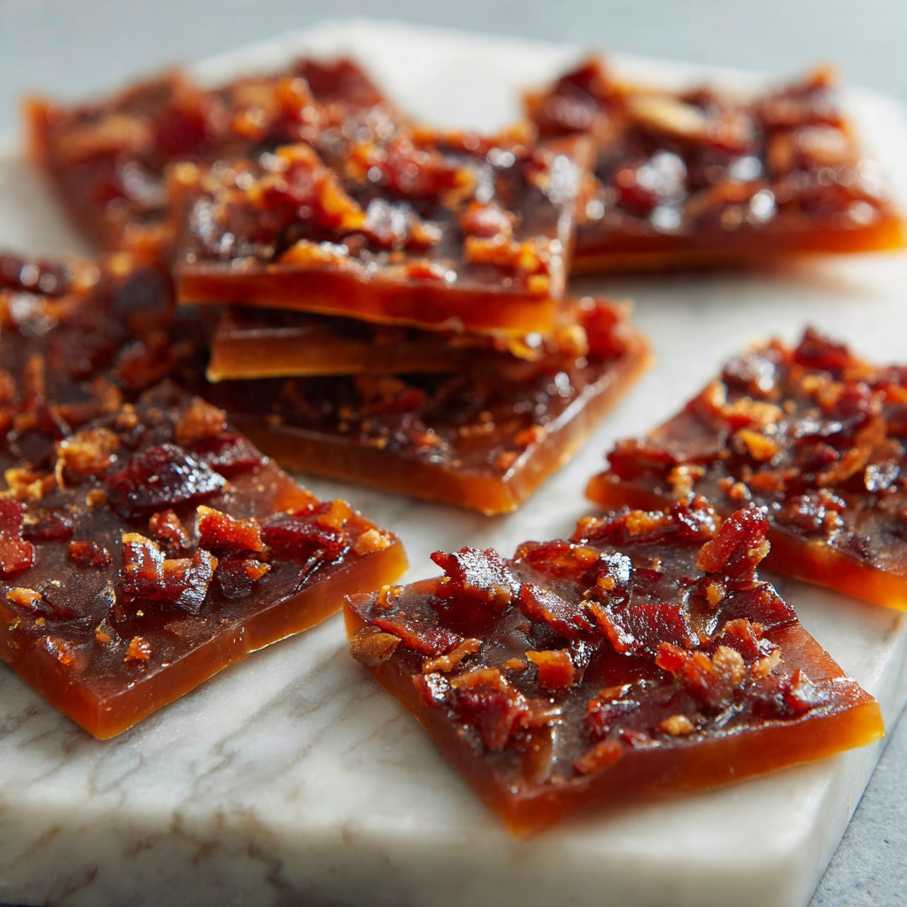 This image shows a clear glass jar filled with thin, crispy caramel-colored pieces that look like brittle. The brittle has visible small chunks of nuts and red bits embedded in it, creating a rough texture with shiny spots from the caramel glaze. The jar is open, with some brittle pieces sticking out at the top. The background is a white marbled texture, giving a clean and simple look. Photo taken with an iphone --ar 4:5 --v 7