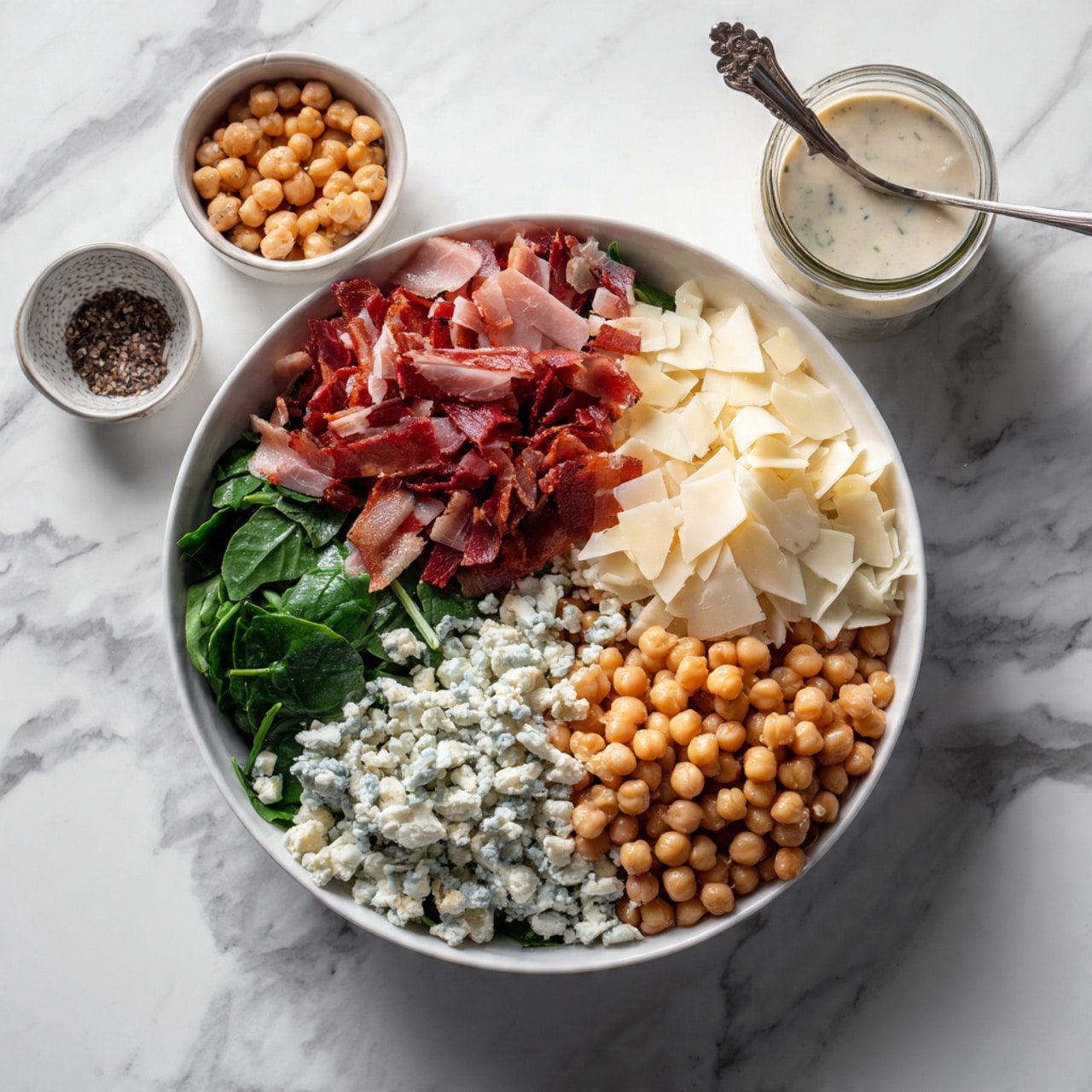A white bowl holds a colorful salad on a white marbled surface with a green and white striped cloth underneath. Inside the bowl, there are four main layers arranged side by side: finely shredded white cheese on the left, thin strips of reddish cured meat towards the top and bottom center, green leafy spinach filling the bottom right, and light tan chickpeas nestled near the spinach. A glass jar of yellowish dressing sits near the top right of the bowl. A woman's hand reaches from the left edge, gently touching the side of the bowl. The image has soft natural lighting and a clean, fresh look. photo taken with an iphone --ar 4:5 --v 7