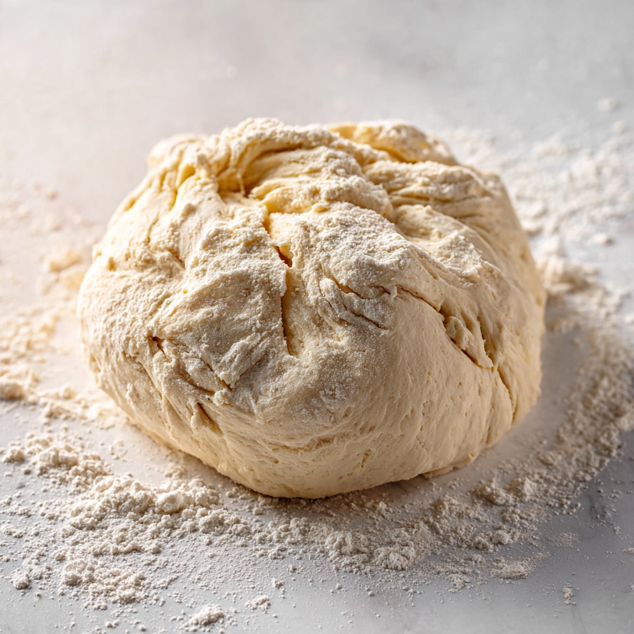 A close-up of a single round dough ball sitting on a white marbled surface with scattered white flour around it. The dough is pale beige, soft, and slightly bumpy in texture, showing some folds and creases on the top and sides. The light is natural and bright, highlighting the dough’s smooth and fluffy surface. Photo taken with an iphone --ar 4:5 --v 7