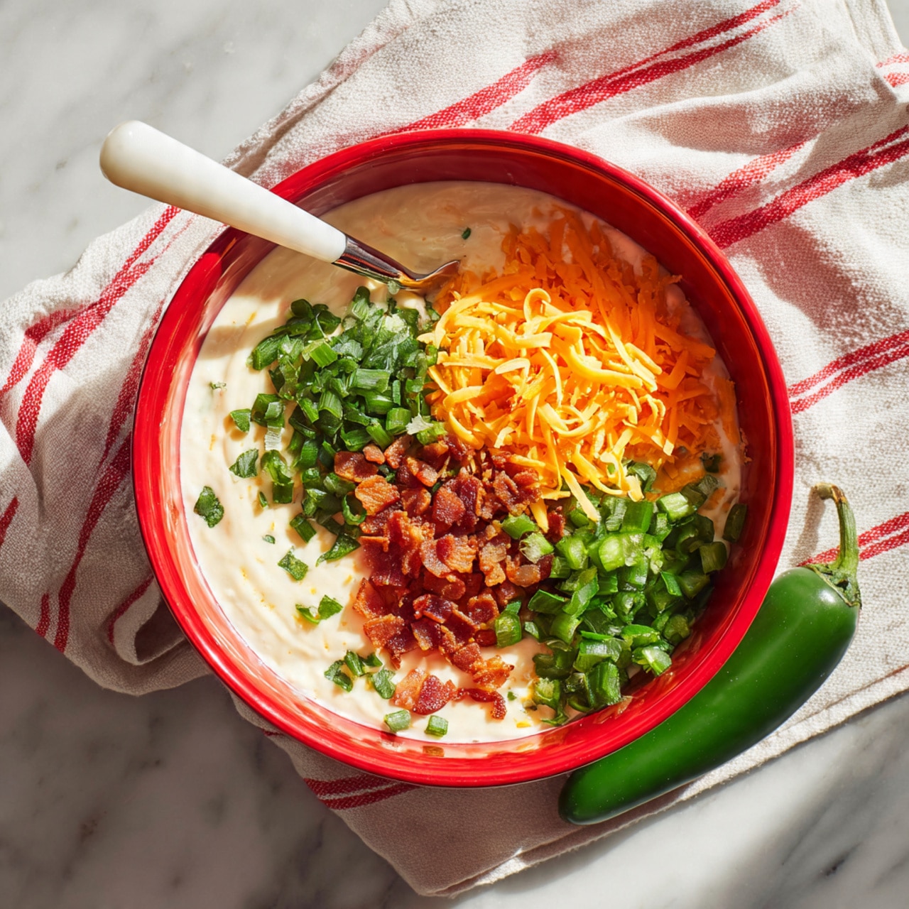 A red mixing bowl filled with a creamy white batter as the base layer, topped with three separate piles on one side: finely chopped brown bacon pieces, bright orange shredded cheddar cheese, and fresh green chopped jalapeños. A white plastic spoon rests inside the bowl, partially submerged in the batter and ingredients, stirring gently. The bowl sits on a white cloth with red stripes, placed over a white marbled surface. A whole green jalapeño lies next to the bowl. Photo taken with an iphone --ar 4:5 --v 7