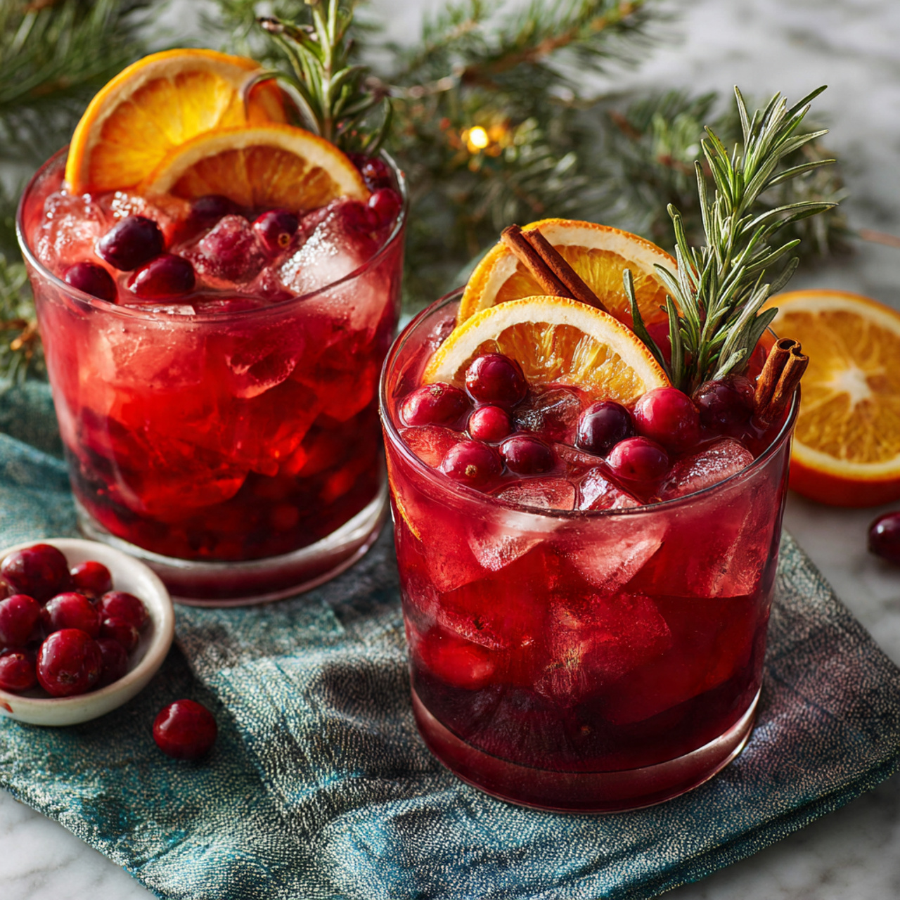 Christmas Punch (Alcoholic or Not) Recipe 5 Two clear glasses filled with a dark red drink that has small ice cubes floating on top. Each glass has a layer of bright red cranberries near the surface. On top of the drink, a dried orange slice is placed leaning against the glass rim, and two cinnamon sticks are resting upright beside it. A small green sprig of rosemary is sticking out from the top as a garnish. The glasses sit on a round, white plate with a gold rim, which rests on a soft red, green, and white cloth, all set on a white marbled surface. In the background, blurred dried orange slices and cinnamon sticks add warm tones. photo taken with an iphone --ar 4:5 --v 7