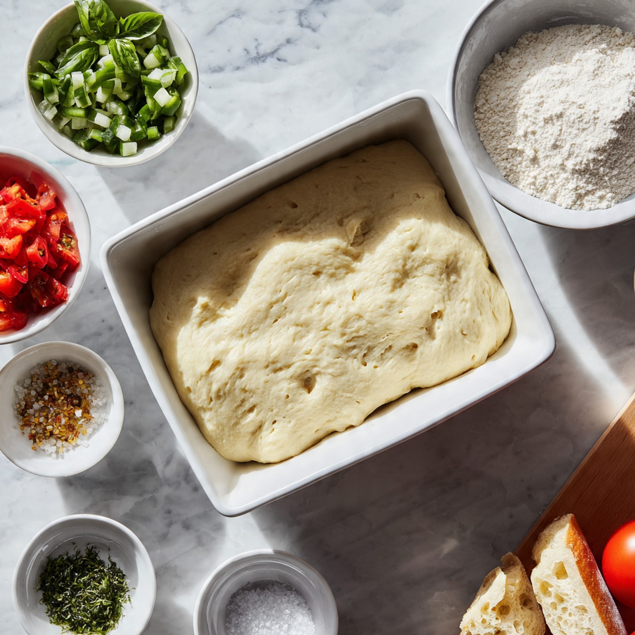 A white rectangular baking dish filled with one thick layer of soft, pale dough that is slightly uneven in texture. Next to the dish are three small white bowls on a white marbled surface: one contains salt, one finely chopped green herbs, and the third has an assortment of finely chopped toppings including red and orange pieces of meat, red onions, olives, and pale artichoke hearts. Photo taken with an iphone --ar 4:5 --v 7