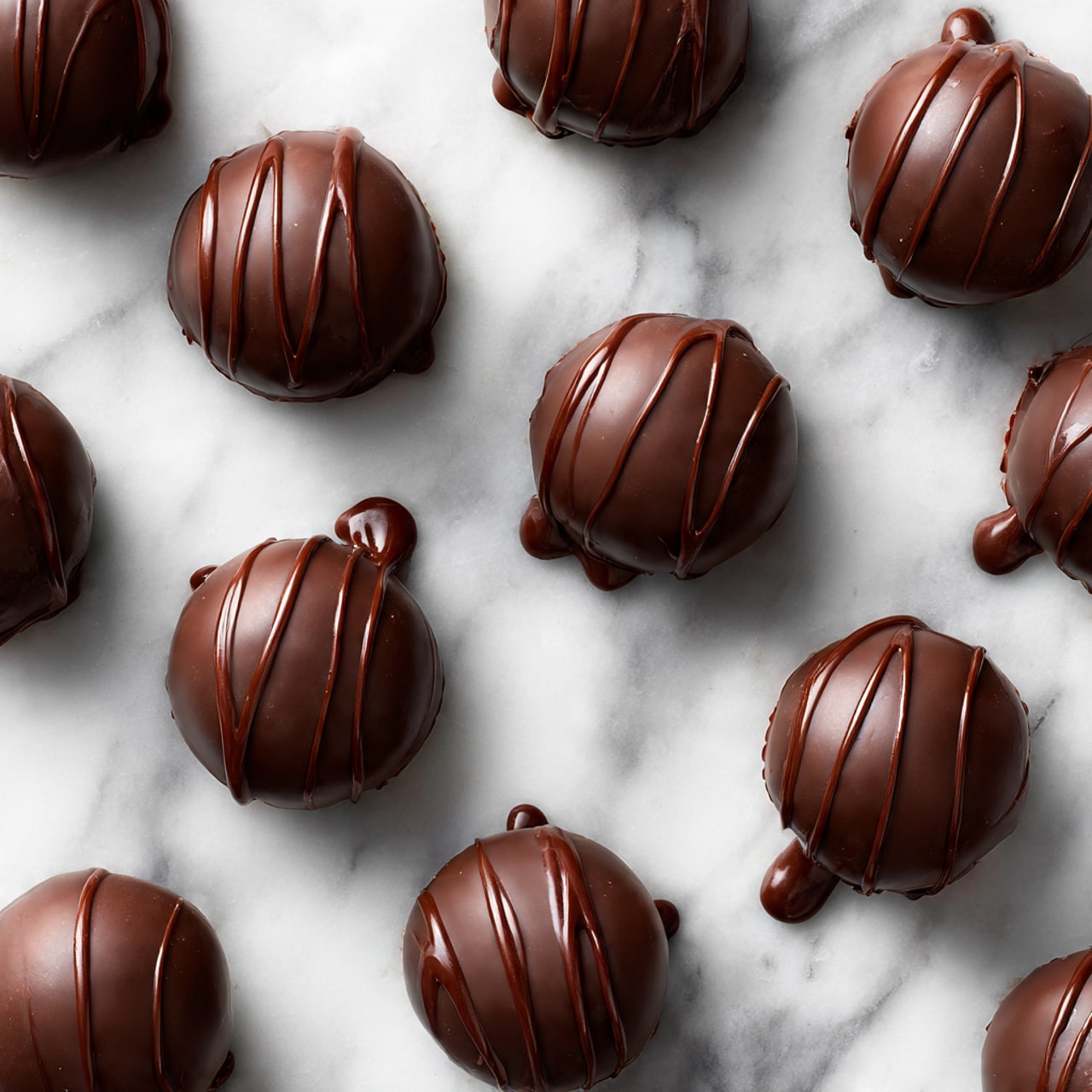 The image shows a baking tray with white parchment paper on top, filled with about 30 small chocolate-covered squares. Each piece is coated unevenly with milk chocolate, creating a slightly rough surface, and some have small drips or smears around them on the parchment. The chocolates are arranged loosely in rows but are not perfectly aligned, and there is a bit of melted chocolate spread around many pieces, contrasting with the smooth white parchment. The tray is placed on a white marbled surface. photo taken with an iphone --ar 4:5 --v 7