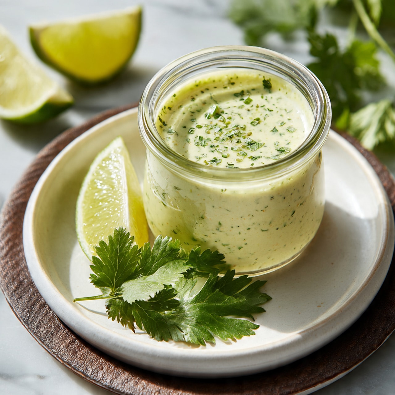 A small clear glass jar filled with a creamy light green sauce speckled with small green herbs stands on a white plate. Two thin lime slices lean against the jar, showing their bright green skin and pale green juicy inside. A fresh green cilantro leaf lies on the plate in front. The plate rests on a dark textured round tray, all placed on a white marbled surface with blurred green leaves and lime halves in the background. Photo taken with an iphone --ar 4:5 --v 7
