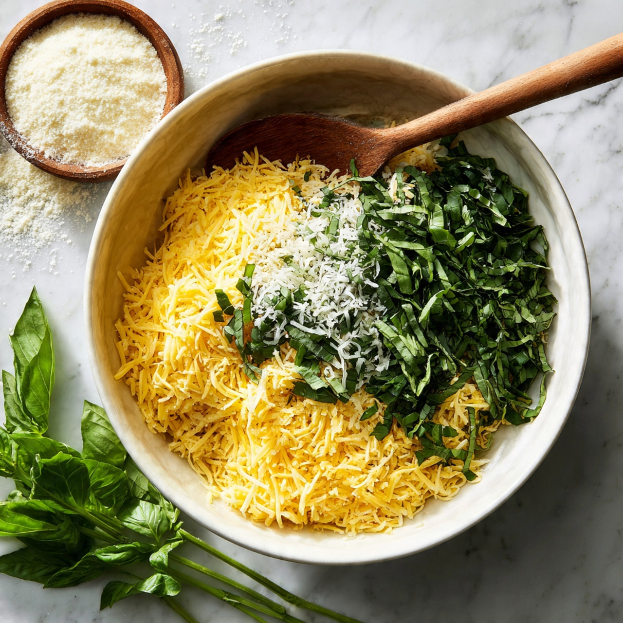 A white bowl filled with a mix of three layers: the base layer is finely grated yellow cheese with a soft texture, the middle layer consists of small green basil leaves evenly spread throughout, and the top layer is a light sprinkling of finely grated white cheese covering the mix. A wooden spoon is placed in the bowl, partially inserted in the mixture. To the right, some fresh green basil stems and leaves lie on a white marbled surface dusted lightly with white powder. photo taken with an iphone --ar 4:5 --v 7