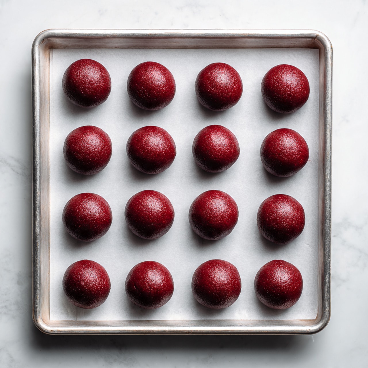 The image shows a silver baking tray lined with white parchment paper resting on a white marbled surface. On the parchment paper, there are 20 evenly spaced, smooth round dough balls arranged in a 4 by 5 grid. Each dough ball has a rich, dark red color with a shiny, slightly textured surface. The overall look is tidy and organized, with the balls appearing soft and ready to be baked photo taken with an iphone --ar 4:5 --v 7