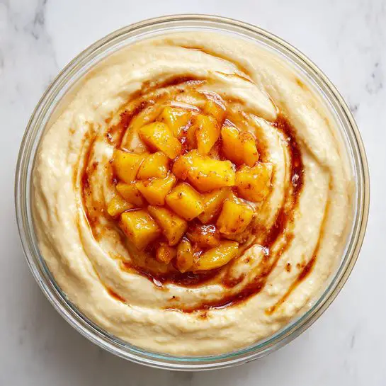 The image shows a clear glass bowl placed on a white marbled surface, filled with a thick, creamy pale yellow batter. On top of the batter, there is a cluster of bright orange small diced fruit pieces, likely peaches, sitting in the center. Below the fruit, there is a swirl of reddish-brown syrup slightly mixed into the batter, adding contrast to the pale yellow. The bowl’s rim is visible, and the texture of the batter looks smooth and dense. photo taken with an iphone --ar 4:5 --v 7