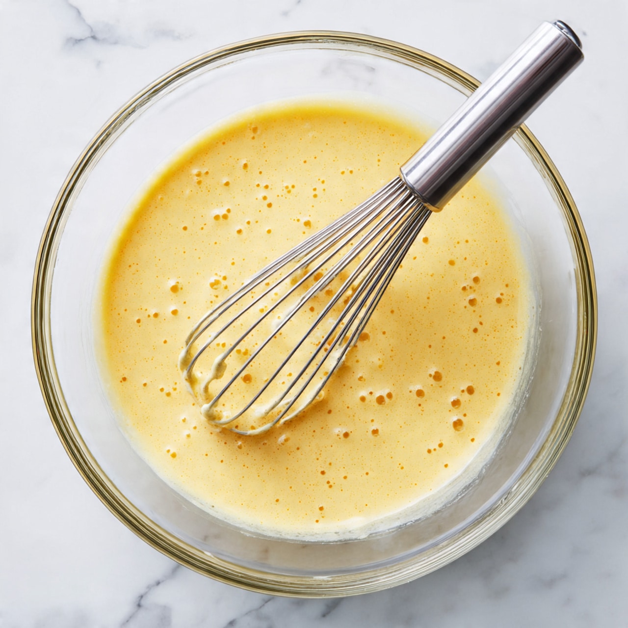 A clear glass bowl filled with a smooth, pale yellow mixture that looks like beaten eggs or batter. The mixture has small bubbles on the surface and a shiny texture. Inside the bowl, a metal whisk with a shiny handle rests diagonally, partly submerged in the mixture. The bowl is placed on a white marbled surface with grey veins, adding a clean and bright background. photo taken with an iphone --ar 4:5 --v 7