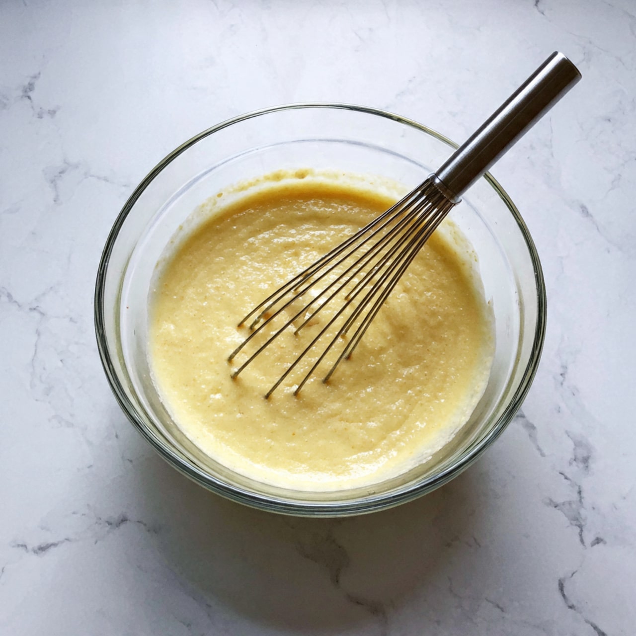 A clear glass bowl sits on a white marbled surface filled with a smooth, light cream-colored batter. Inside the bowl, a stainless steel whisk rests with its wires partially covered by the batter, showing the thick, even texture of the mixture. The bowl is round and transparent, showing the batter coating its sides evenly. Photo taken with an iphone --ar 4:5 --v 7