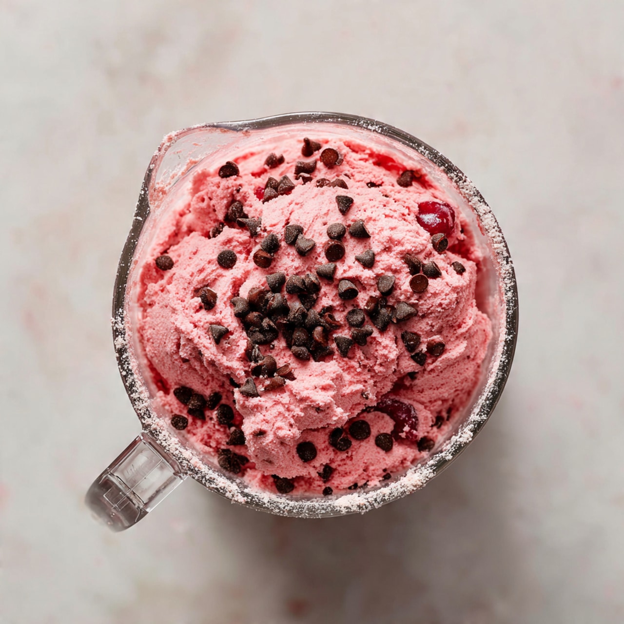 A clear glass measuring cup filled with a mixture of pink dough, dark brown chocolate chips, and bright red chopped cherries. The dough is soft and thick, with the chocolate chips and cherries evenly spread through it. The inside of the cup has some flour dusted along the edges, while the outside shows clear orange measurement markings. The measuring cup sits on a white marbled surface, and the photo is taken from above, showing all the ingredients clearly. Photo taken with an iphone --ar 4:5 --v 7