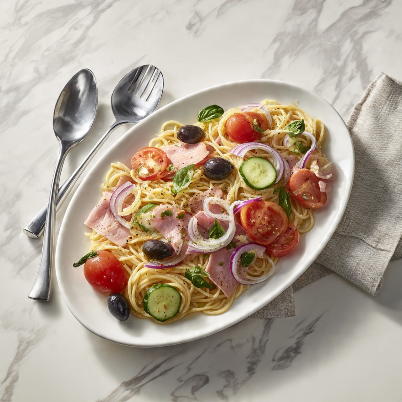 A large white oval plate holds a layered pasta salad. The base layer is light yellow spaghetti noodles spread across the plate. On top are bright red halved cherry tomatoes, diced green cucumbers, small chopped purple onions, sliced black olives, and chunks of pink ham scattered evenly. The ingredients mix with the pasta, and a light sprinkle of black pepper is visible on top. The background is a white marbled surface, and a pair of utensils with turquoise handles rest at the top of the plate. Photo taken with an iphone --ar 4:5 --v 7