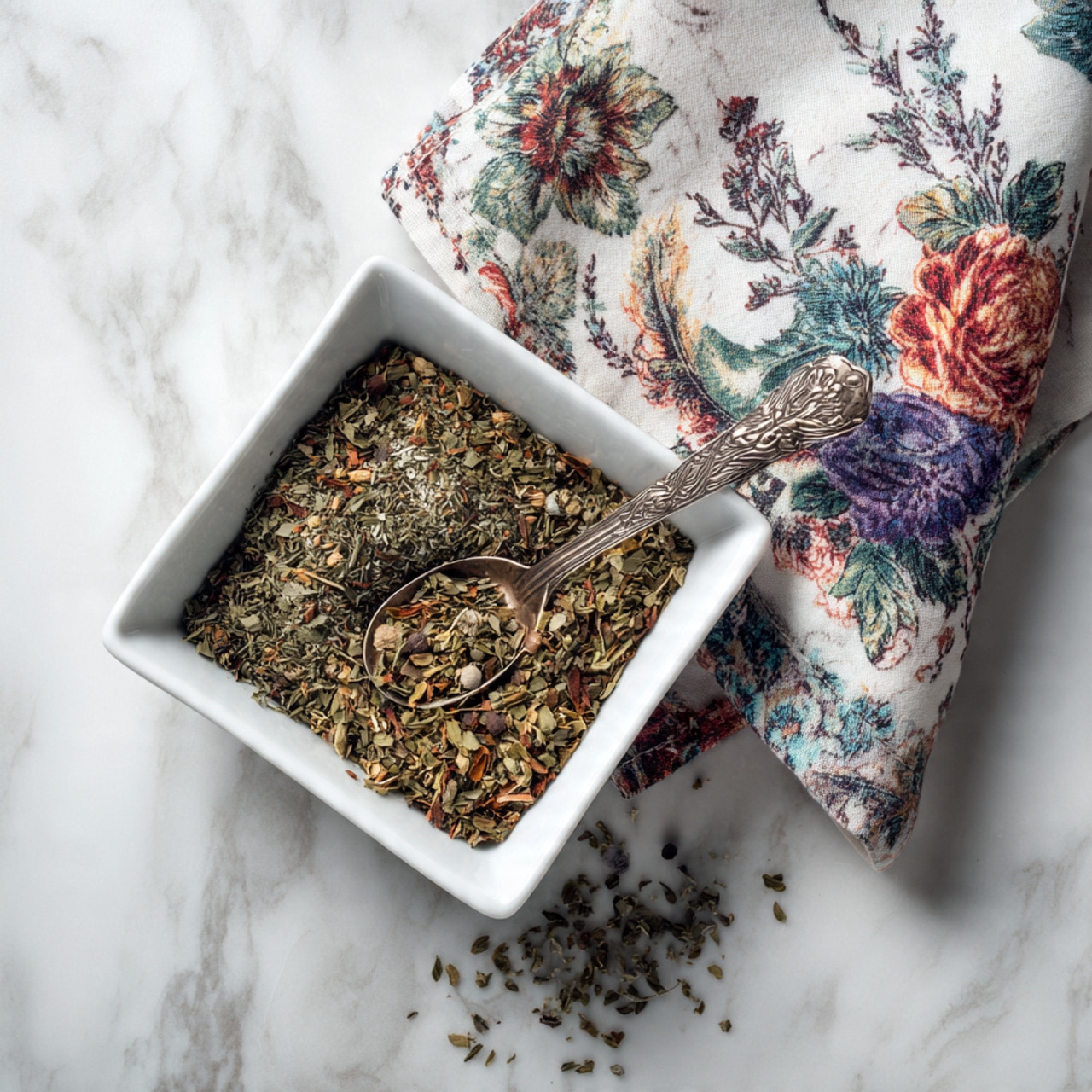 A white square bowl filled with a mix of dried herbs and spices, showing layers of green leaves, red flakes, and small yellow seeds spread evenly inside; a decorative spoon with a white handle and dark blue diamond pattern rests inside the bowl, positioned at the top right corner; the bowl sits on a white marbled surface next to a white cloth with small dark blue floral prints; the overall look is clean and bright with a slight top-down view photo taken with an iphone --ar 4:5 --v 7