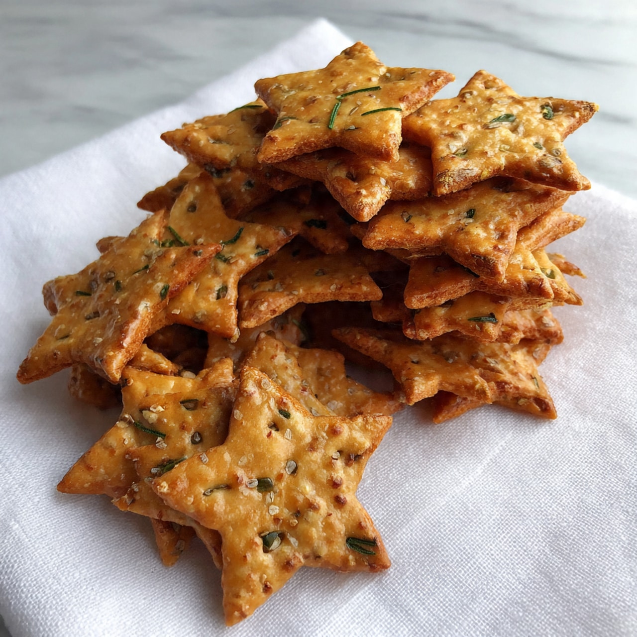 There is a white cloth with a group of star-shaped crackers on top. Each cracker has a golden brown color with spots of darker orange and small green bits scattered throughout, showing a crunchy texture. The stars are unevenly stacked and some slightly overlap on the cloth, which is placed on a white marbled surface. The scene looks warm and inviting without any other objects. photo taken with an iphone --ar 4:5 --v 7