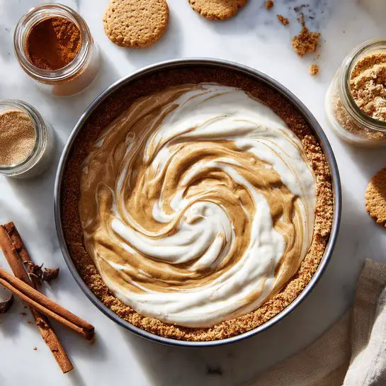 The image shows a round springform pan with three visible layers of a dessert. The bottom layer is a crumbly brown crust, the middle layer is a smooth light brown mixture spread unevenly, and the top layer is a white creamy mixture dolloped freely on top, creating a swirled effect where the two top layers meet. The pan sits on a white marbled surface surrounded by small light brown cookies, jars with brown spices, and some cinnamon sticks visible on the left edge. The scene is bright and natural-looking, suggesting a cozy and homemade dessert. photo taken with an iphone --ar 4:5 --v 7