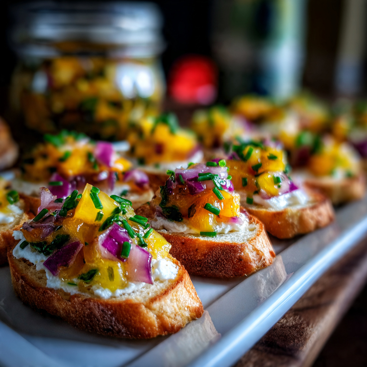 Goat Cheese Crostini with Orange Peach Salsa Recipe 5 Small white toasted bread rounds form the base layer, each topped with a smooth white creamy spread. On top of the cream are small chunks of bright yellow and orange fruit pieces mixed with small bits of red onion, creating a colorful and fresh look. Each piece is garnished with two thin green chive sticks crossed over each other. The treats are arranged in neat rows on a white marbled surface, and the background includes a blurred jar. Photo taken with an iphone --ar 4:5 --v 7