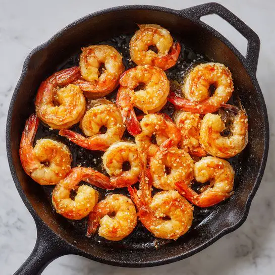 The image shows a black cast iron pan filled with cooked shrimp. The shrimp are orange-pink in color with curled shapes and visible tails, evenly spread across the surface of the pan. The texture of the shrimp looks slightly crispy on the edges, indicating they are cooked well. The pan sits on a white marbled surface, giving a clean and simple background. The lighting highlights the shrimp's juicy and tender look, making the dish appetizing. Photo taken with an iphone --ar 4:5 --v 7