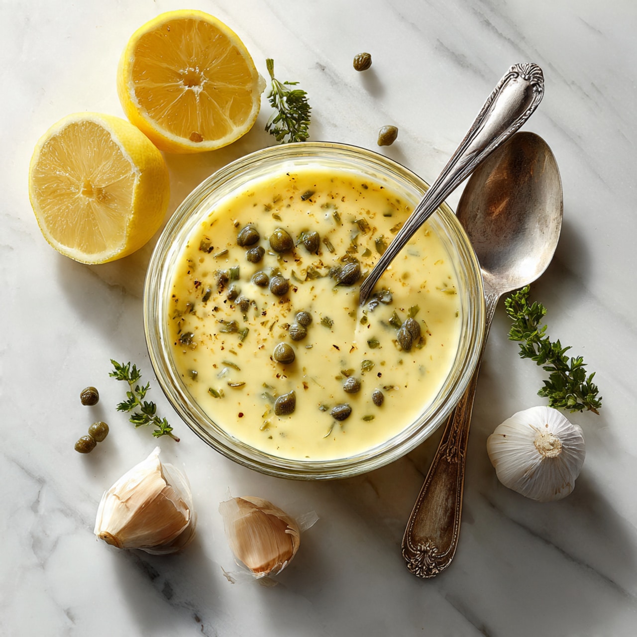 A clear glass bowl sits on a white marbled surface, filled with a light yellow sauce that has a slightly creamy texture, dotted with small green capers and bits of green herbs. A shiny silver spoon rests inside the bowl, holding some of the sauce and capers, glistening with moisture. To the left of the bowl, there are two whole garlic bulbs and one partially peeled garlic clove showing its pale interior. Above the bowl, a half lemon with bright yellow flesh and a white rind is positioned beside a small pile of green capers scattered on the surface. A few small green herb pieces are lightly scattered around the setup. Photo taken with an iphone --ar 4:5 --v 7