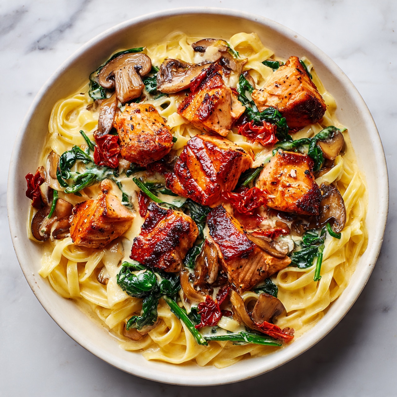 The image shows a close-up of a creamy pasta dish with wide, pale yellow noodles forming the base layer. On top of the pasta, there are pieces of browned salmon with crispy skin, broken into chunks. Mixed among the salmon pieces are sliced mushrooms, wilted spinach, and small bits of red sun-dried tomatoes. The sauce has a smooth, creamy texture, coating the pasta and vegetables softly. The colors are warm with golden browns from the salmon, light tan from the sauce, and earthy tones from the vegetables. The background surface is a white marbled texture. photo taken with an iphone --ar 4:5 --v 7