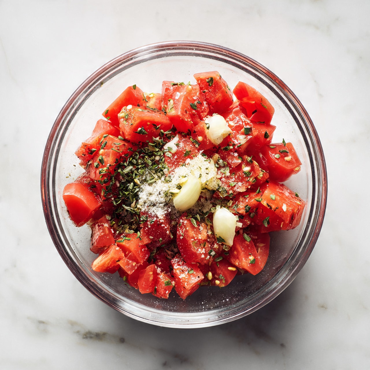 A clear glass bowl on a white marbled surface holds a mix of fresh ingredients in layers. The bottom layer is bright red diced tomatoes, topped with finely chopped green herbs, and a small pile of minced pale yellow garlic on one side. A light sprinkle of black pepper and salt is visible on the tomato layer, adding small dark and white specks over the red. The bowl is simple and transparent, allowing the tomato mixture to be seen from all sides. Photo taken with an iphone --ar 4:5 --v 7