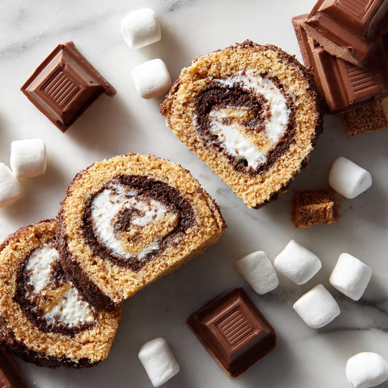 The image shows three rolled cake slices placed on pieces of chocolate bar, all set on a white marbled surface. Each roll slice has a light tan outer layer with a rough texture, and inside, a mix of white cream and darker brown swirls create a marbled look. Around the chocolate bars, several small white marshmallows are scattered. The focus is on the front roll slice, showing its detailed layers and soft, creamy texture. Photo taken with an iphone --ar 4:5 --v 7
