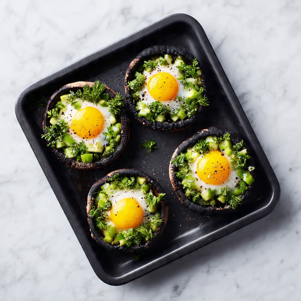 The image shows four large mushroom caps placed on a black textured baking tray, which is on a white marbled surface. Each mushroom cap is filled with a base layer of bright green leafy vegetables finely chopped, topped with a single whole bright yellow egg yolk in the center. The mushrooms have a dark brown color with a smooth texture around the edges. The arrangement is neat, with the mushrooms evenly spaced in two rows and two columns. photo taken with an iphone --ar 4:5 --v 7