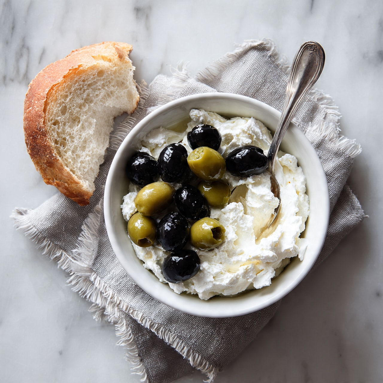 A white bowl filled with three distinct layers: the bottom layer is a creamy, white cheese mixture with a slightly chunky texture, topped on one side by a heap of sliced green olives with red pimentos, giving a shiny light green and red contrast, and on the other side, a pile of black olive slices with a glossy, dark texture. A silver spoon rests inside the bowl among the black olives. The bowl is placed on a soft gray cloth with frayed edges, and there is a piece of light brown bread with a crusty texture on the left side. The whole setting is on a white marbled surface. Photo taken with an iphone --ar 4:5 --v 7