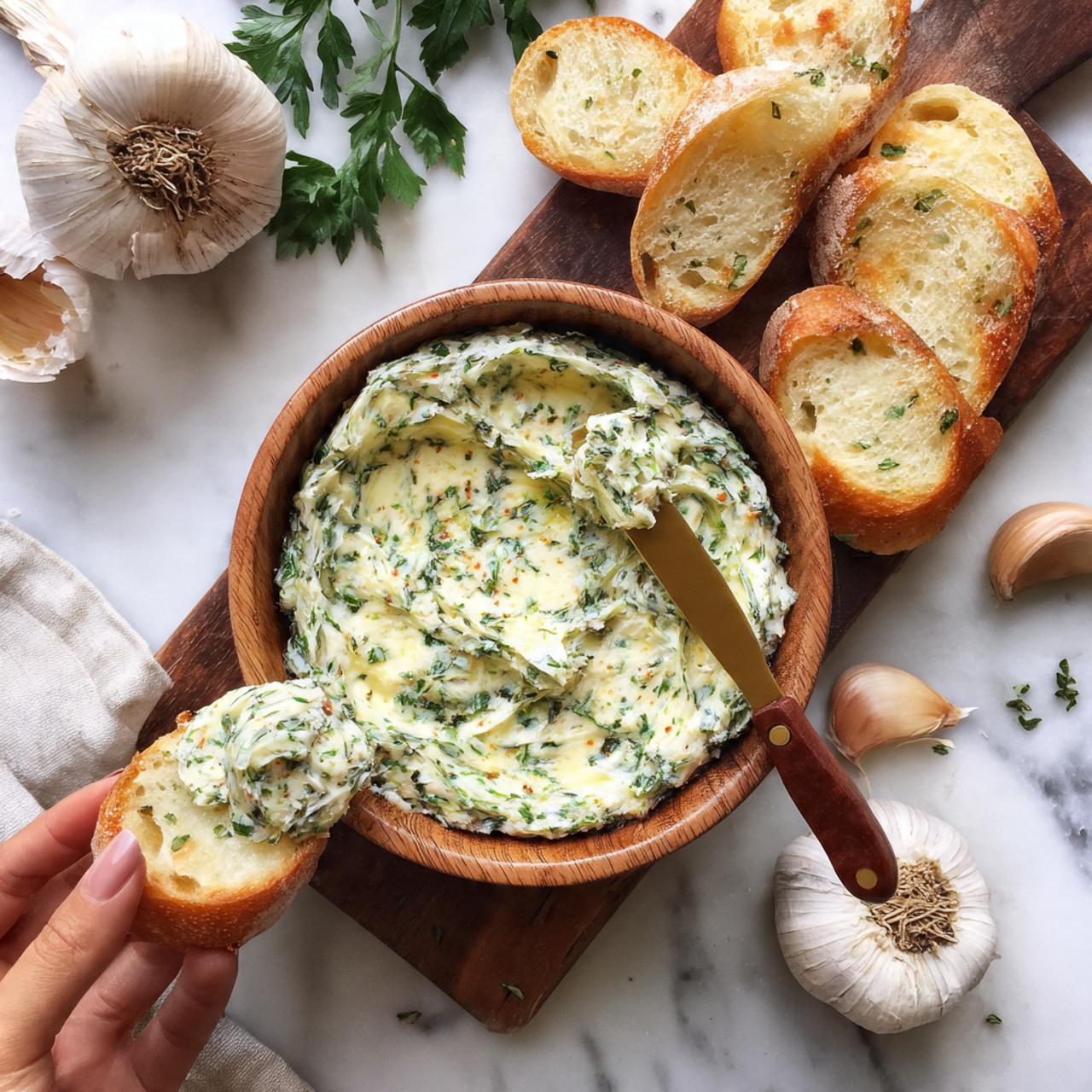 A wooden bowl filled with creamy light yellow butter mixed with small green herb pieces sits in the center on a white marbled surface. To the top right, a small white bowl holds more chopped green herbs. Above the wooden bowl, there are three small slices of crusty white bread, one spread with the herb butter. To the right of the bowl, some torn crusty white bread pieces are scattered near a butter knife with a black handle and some butter on its blade. In the top left corner, several whole garlic bulbs rest near a blue and white striped cloth. A small green parsley leaf lies below the bowl, and a woman's hand grasps the butter knife nearby. Photo taken with an iphone --ar 4:5 --v 7