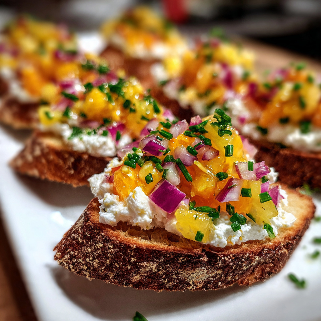 Goat Cheese Crostini with Orange Peach Salsa Recipe 4 Six small round pieces of toasted bread laid out on a white marbled surface. Each piece has a bottom layer of white creamy spread, topped with a mixture of small diced orange, yellow, and red fruits or vegetables with hints of purple onion. On the top of each mixture are two small green chive sticks crossed in an X shape. The colors are bright and fresh, with the orange and yellow pieces looking juicy and soft. The overall effect is colorful, fresh, and inviting. Photo taken with an iphone --ar 4:5 --v 7