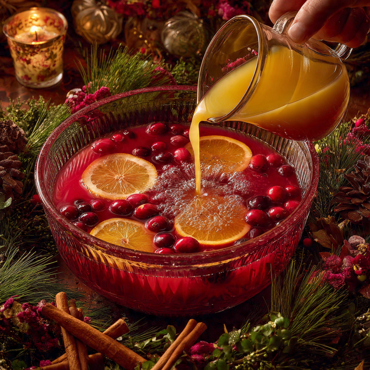 Christmas Punch (Alcoholic or Not) Recipe 4 A clear glass bowl filled with deep red liquid and floating bright red cranberries, with orange slices placed around the edge inside the bowl. A woman's hand is pouring bright orange juice from a small glass pitcher into the bowl. The bowl sits on a white marbled surface covered partially by a cloth with red, green, and white stripes. Around the bowl, there are cinnamon sticks in a small white bowl, pine cones, green pine branches, and a few orange slices. The scene has a festive and cozy feel. photo taken with an iphone --ar 4:5 --v 7