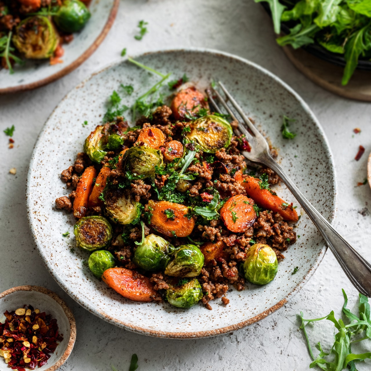 A white speckled plate holds a dish with three main layers mixed together: small pieces of browned ground meat providing a rough texture and dark brown color, bright orange carrot chunks that are soft and slightly shiny, and light to medium green Brussels sprout leaves with some char marks and a leafy texture. The ingredients are evenly spread across the plate, with some small bits scattered around the edges. The plate is set on a white marbled surface, with a silver fork visible on the right side and a small bowl of red chili flakes nearby. Another white speckled plate with the same dish is partially visible in the upper right corner, and a blue plate with green leafy salad and cherry tomatoes is seen in the top left corner. Photo taken with an iphone --ar 4:5 --v 7