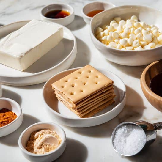 The image shows several white bowls and a white plate arranged on a white marbled surface. In the center is a white bowl filled with a stack of light brown rectangular graham crackers with small holes. To the left, a white plate holds a block of white cream cheese. Above the crackers, a larger white bowl is full of small, round, off-white white chocolate chips. Around these are smaller white bowls with different powders and liquids: one bowl has a reddish-brown powder, another has a small amount of dark brown liquid, a small wooden bowl contains coarse salt, and another white bowl is filled with white powdered sugar. A metal measuring cup holds an orange powder. The photo has clear lighting and minimal shadows, photo taken with an iphone --ar 4:5 --v 7