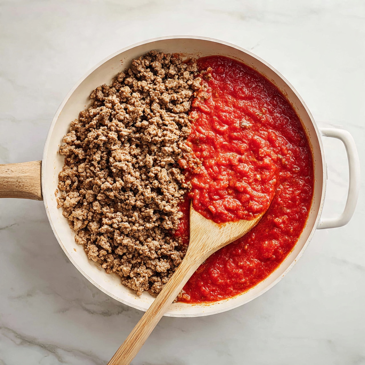 A white pan sits on a white marbled surface, filled with two main layers of food: on the left side, there is a layer of cooked, crumbled ground meat in a brown color with a slightly rough texture, and on the right side, there is a thick, smooth bright red tomato sauce. A wooden spoon with a light wood handle is resting in the pan, its bowl touching the tomato sauce. There are also some dark specks of seasoning sprinkled over the sauce. Photo taken with an iphone --ar 4:5 --v 7