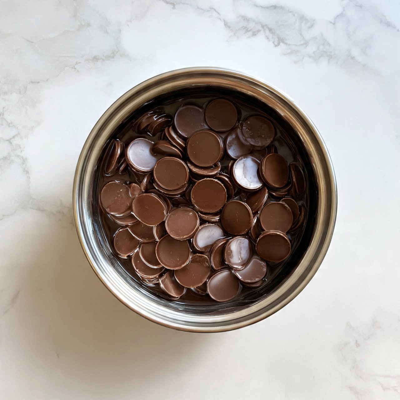 The image shows a shiny silver mixing bowl filled with many small, smooth, round chocolate discs in various shades of brown. The discs look solid with a shiny surface, and they fill about half of the bowl. The background shows a white marbled surface, and the bowl reflects the light softly. The interior of the bowl is smooth and shiny, making the chocolate discs stand out clearly. Photo taken with an iphone --ar 4:5 --v 7