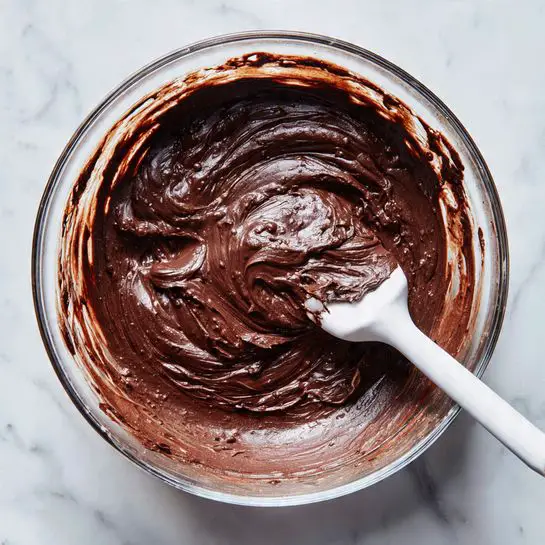 The image shows a close-up of a clear glass bowl filled with thick, smooth dark brown chocolate batter with a slightly shiny and bubbly texture. A white mixing beater is partially dipped into the batter on the right side, with some batter sticking to it, showing wet and creamy chocolate texture. The bowl is placed on a white marbled surface, which is softly visible around the edges. The overall scene looks like the batter is being mixed and is rich and dense. Photo taken with an iphone --ar 4:5 --v 7