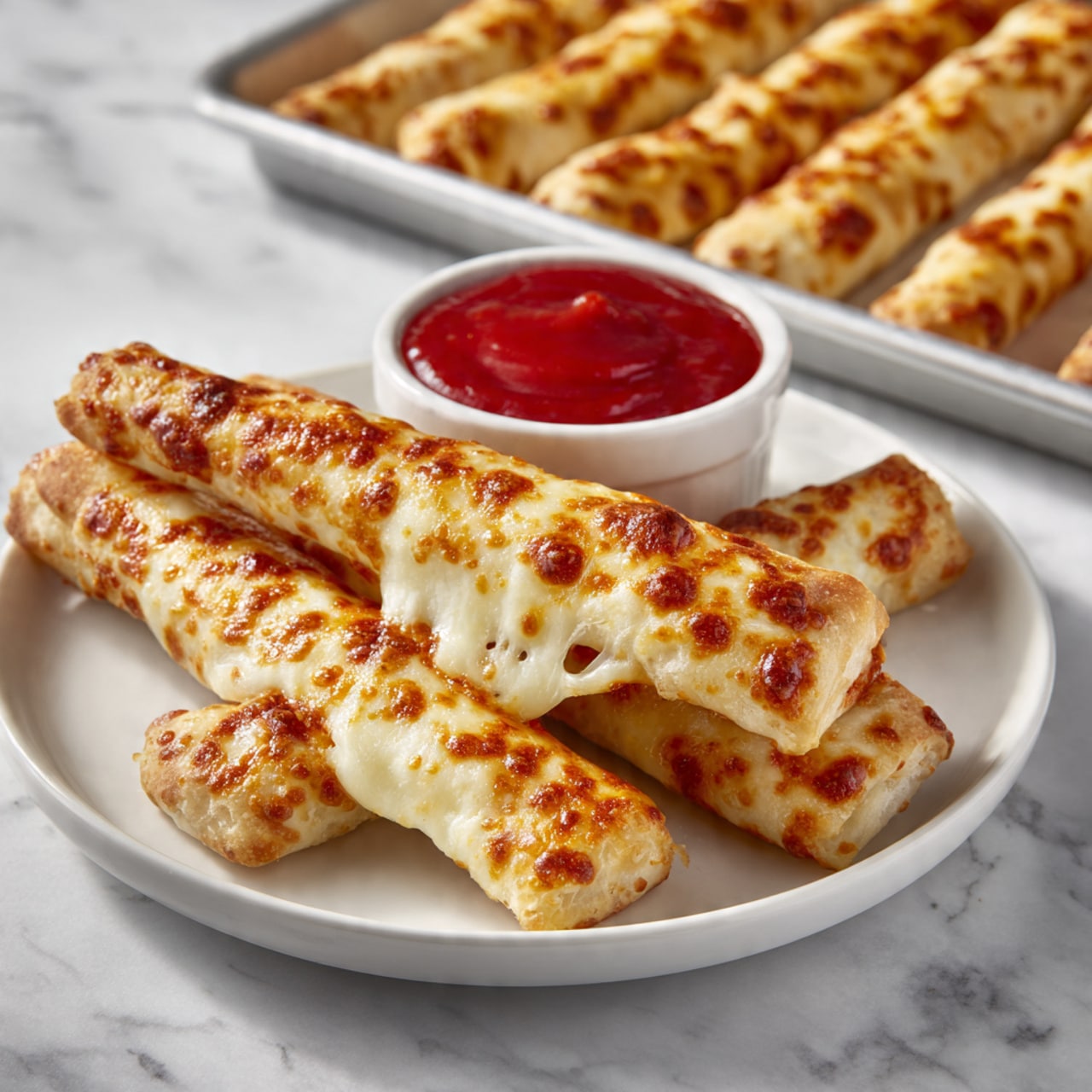 A woman's hand is holding a small golden-brown baked roll stuffed with melted yellow cheese and ground meat, dipping it into a white bowl filled with bright red chunky salsa. On the white plate below, there is a whole baked roll with a crisp, slightly browned crust. Another half-eaten roll reveals the same cheesy meat filling inside. In the background, there is a white bowl of sour cream, a small glass jar with sliced green jalapenos, and a tray with more golden-brown baked rolls, all placed on a white marbled textured surface. photo taken with an iphone --ar 4:5 --v 7