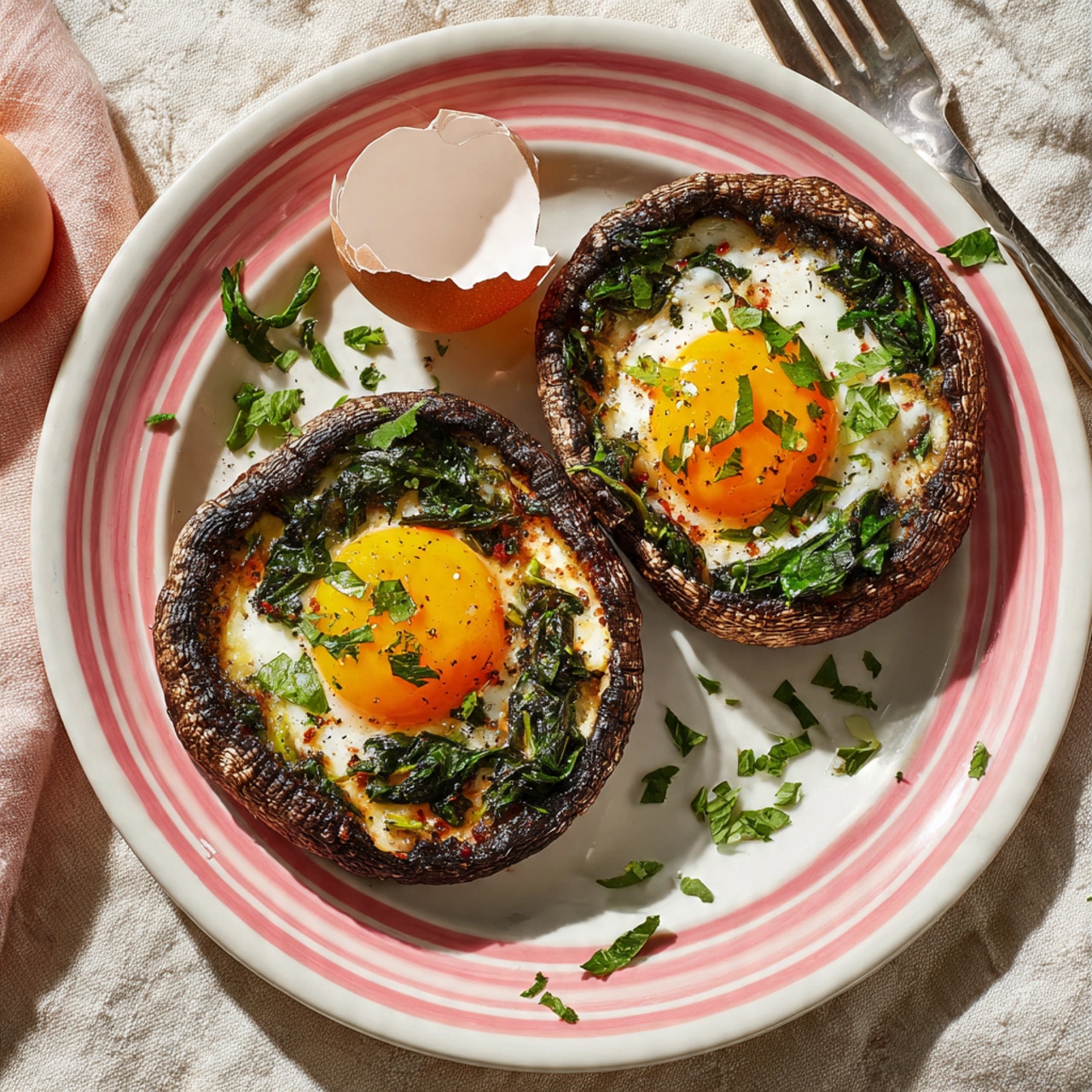 Two large dark brown mushroom caps rest on a white plate with pink stripes around the edge, placed on a white marbled surface. Each mushroom cap holds a sunny yellow egg yolk centered on a slightly firm white egg layer, with fresh bright green spinach leaves tucked around the yolks inside the mushrooms. Small bits of chopped green herbs are sprinkled over the eggs and plate, adding texture and color. A cracked eggshell and scattered green herb pieces surround the plate, completing the fresh and natural presentation. Photo taken with an iphone --ar 4:5 --v 7