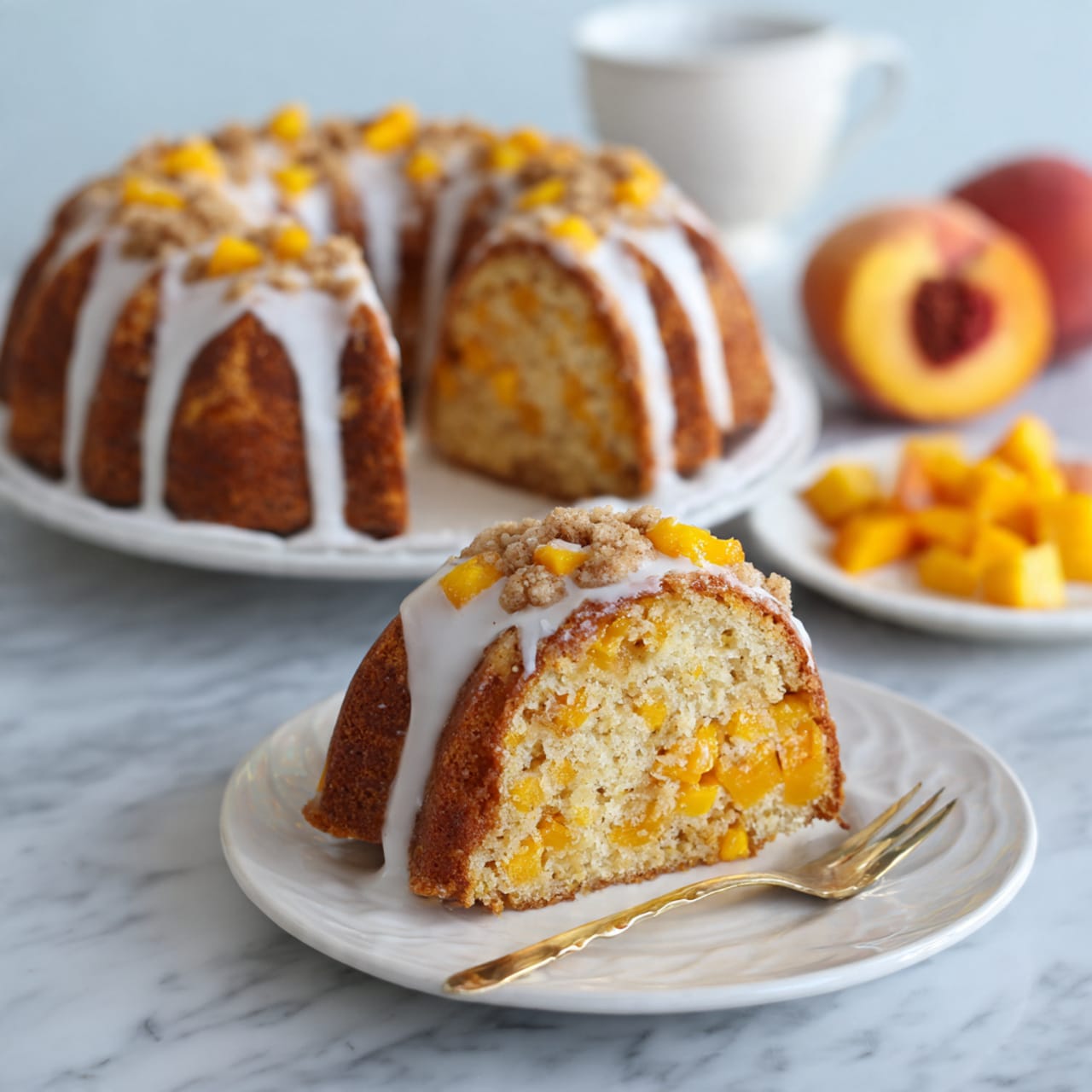 A round bundt cake with a golden brown crust on the outside and a soft light yellow inside is shown, topped with white glaze drizzled unevenly over the ridges. The cake's top layer is decorated with small diced yellow peach pieces and a crumbly light brown streusel scattered across. A slice is removed and placed on a white plate nearby, showing the moist texture and some peach pieces inside the slice. The cake and sliced piece rest on white plates set on a smooth white marbled surface, with whole peaches and a small plate of peach chunks with a fork around the scene. Photo taken with an iphone --ar 4:5 --v 7