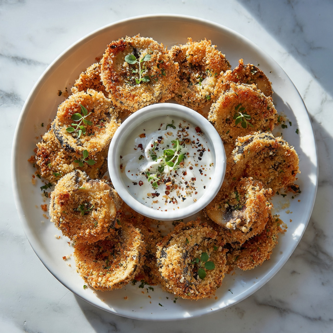 A white plate filled with one layer of golden brown, crispy coated mushroom slices, each piece showing a crunchy texture with some darker brown mushroom centers. On the middle of the plate sits a small white bowl filled with thick white dipping sauce with black pepper flakes and a few small green herb leaves on top. The mushrooms are sprinkled evenly with small green fresh herb pieces. The plate rests on a white marbled surface. Photo taken with an iphone --ar 4:5 --v 7