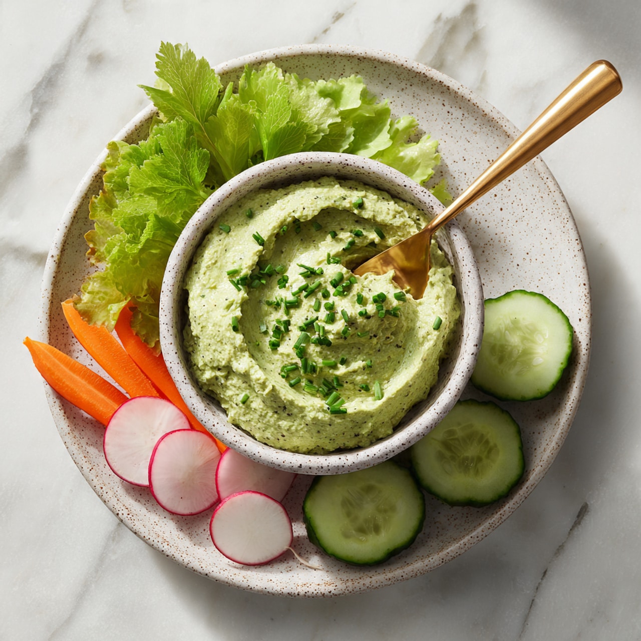 A small white speckled bowl sits in the center filled with a thick green dip garnished with short green chives. Surrounding the bowl inside a white speckled plate are fresh vegetable slices arranged in layers: on the left are crispy dark green cucumber slices, on the right are bright pink-edged white radish slices, next to them are pale green romaine lettuce leaves, and below are bright orange carrot sticks. A golden spoon dips into the green sauce. The whole setup rests on a white marbled surface. photo taken with an iphone --ar 4:5 --v 7
