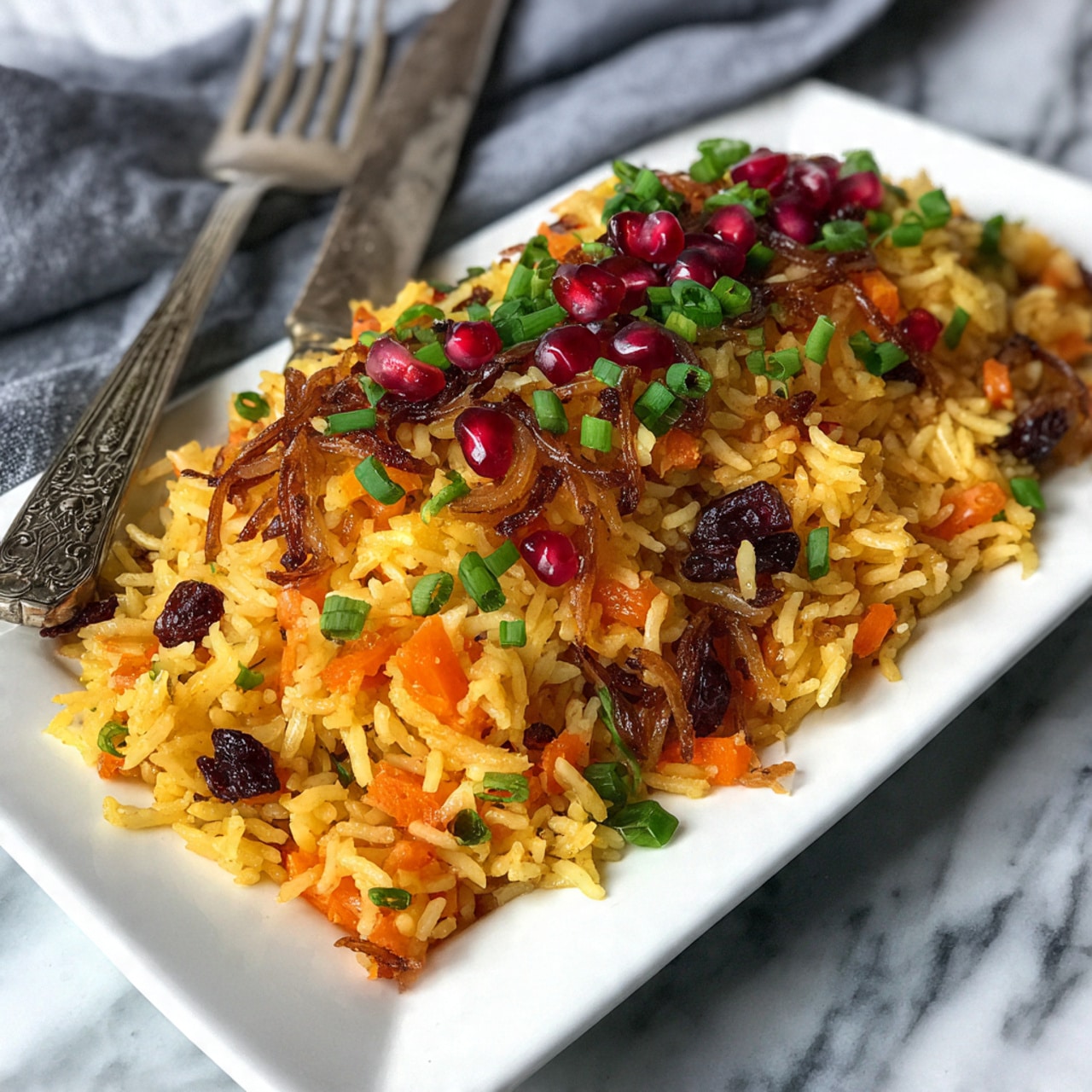 The dish is a large white rectangular plate filled with yellow and orange rice mixed with small chunks of carrots and golden raisins. On top, there are scattered dark brown fried onions, light pink pomegranate seeds, and thinly sliced green onions, adding contrast and color. The plate is set on a white marbled surface, with a rustic metal fork and knife placed on the right side of the plate. Photo taken with an iphone --ar 4:5 --v 7