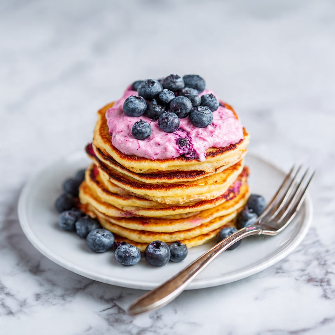 A stack of five golden brown pancakes sits in the center of a white speckled plate. The pancakes are thick and fluffy, each layer showing a slightly different shade of golden brown with soft, smooth edges. On top of the stack is a scoop of pink ice cream with visible bits of darker fruit, giving it a textured look, and a single dark blueberry tucked beside it. More fresh blueberries are scattered around the base of the stack on the plate. A silver fork rests on the left side of the plate, partially touching the bottom pancake. The plate sits on a white marbled surface with a soft white and gray striped cloth to the left and blurred background items including a white bowl holding two additional scoops of the same pink ice cream. Photo taken with an iphone --ar 4:5 --v 7