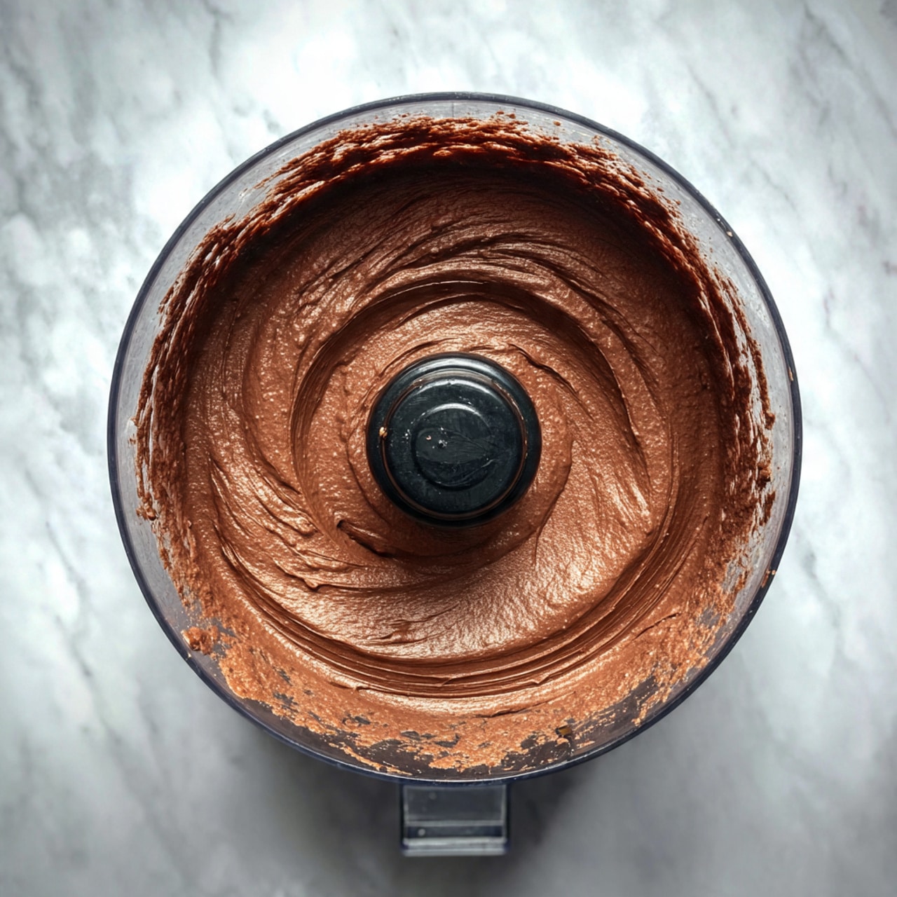 A top view of a food processor bowl with smooth and creamy chocolate brown mixture inside, evenly spread around the center blade in a circular pattern. The bowl is clear, showing the rich texture of the mixture. The whole scene is set on a white marbled surface. photo taken with an iphone --ar 4:5 --v 7